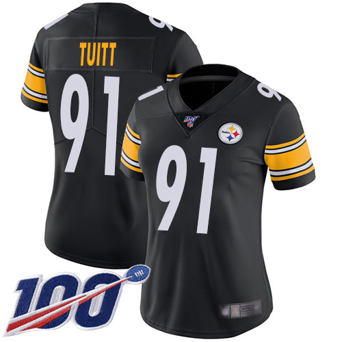 Women Pittsburgh Steelers Football #91 Limited Black Stephon Tuitt Home 100th Season Vapor Untouchable Nike NFL Jersey->youth nfl jersey->Youth Jersey